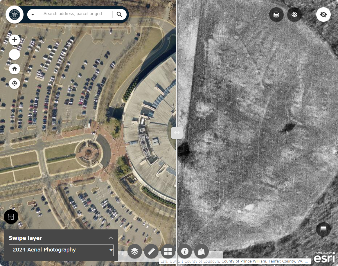 The Fairfax County Government Center compared between 2024 and 1937 imagery
