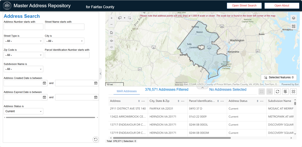 A map, data table, and filters in the MAR pertaining to address information