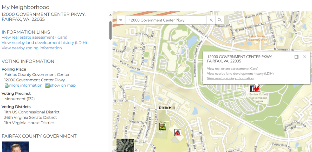 Elected officials for the Fairfax County government center displayed from a click in a map
