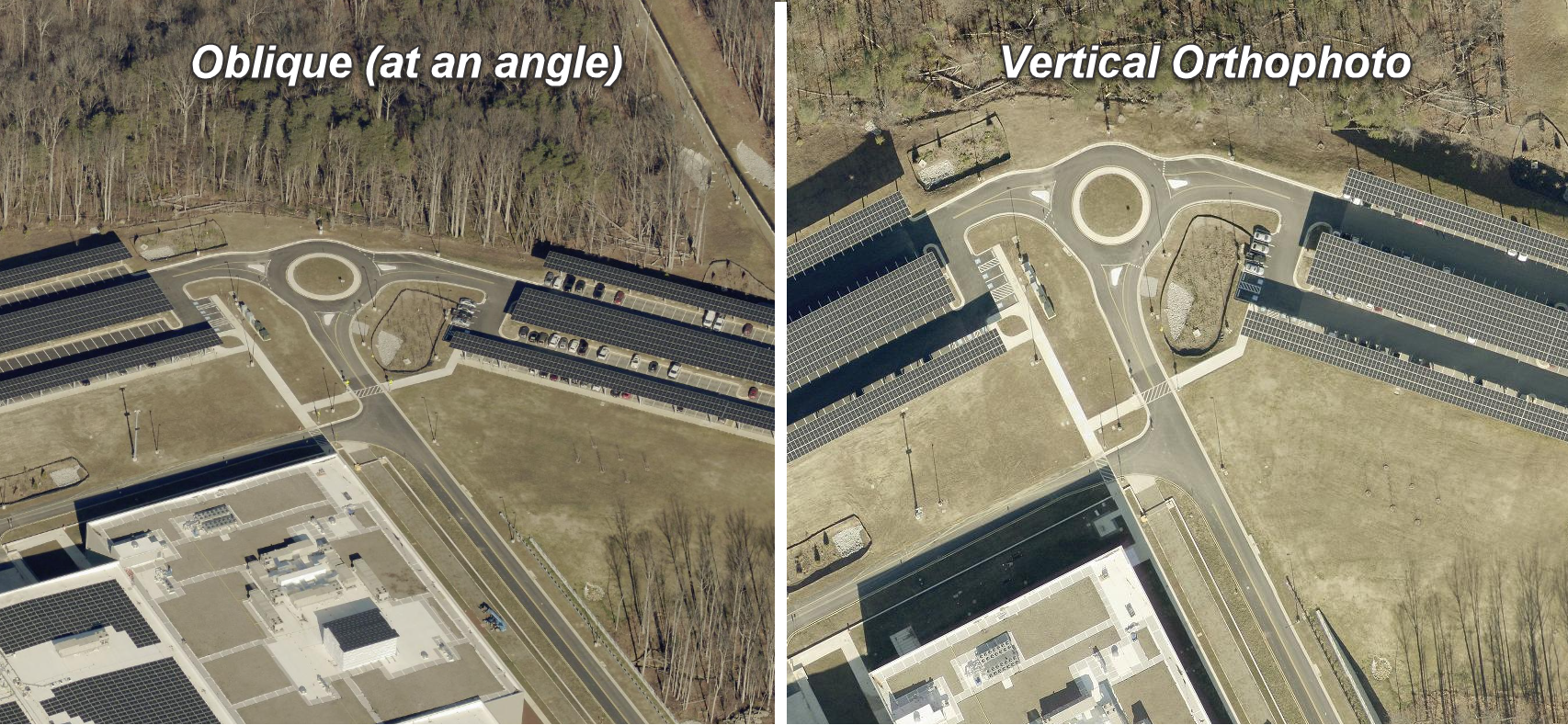 Oblique and vertical aerial photography of solar panel canopy