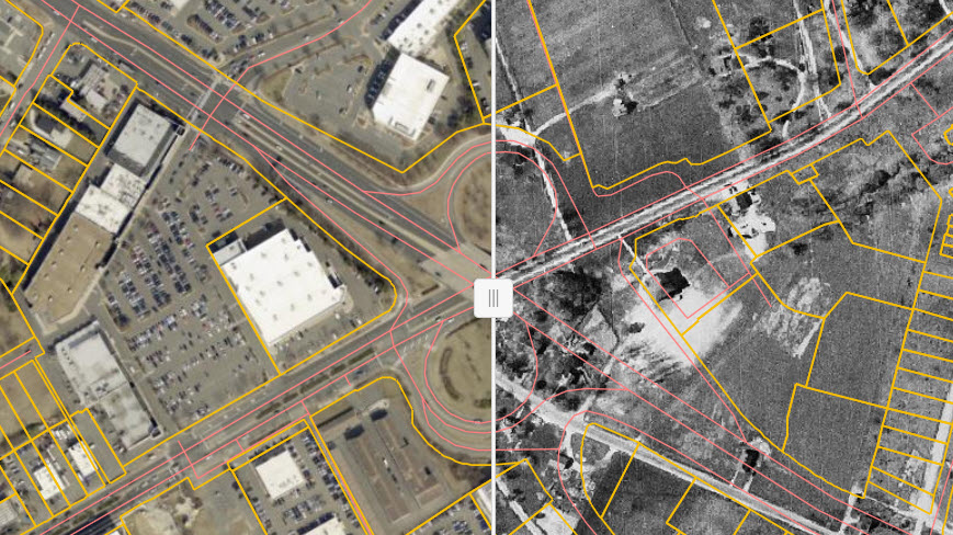 The Historical Imagery Viewer swipe tool gives users the option to compare a location across two years