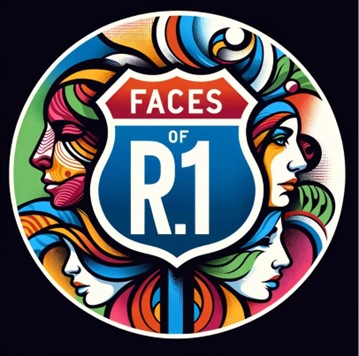 The Faces of 1 Logo with colorful faces and the Route 1 sign.