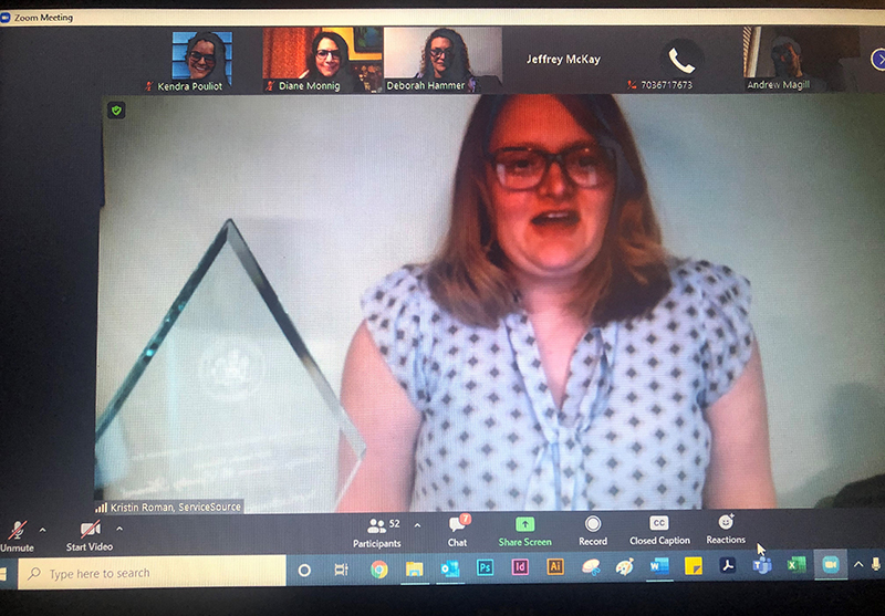 Screenshot of  Kristin Roman, Director of Senior Services with ServiceSource, Inc., accepts the 2020 Martha Glennan Disability Inclusion and Equality Award during a virtual reception held via Zoom. 