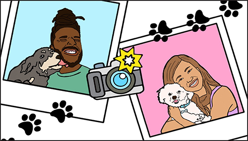 Illustration of two people in polaroid photos with their pet dogs