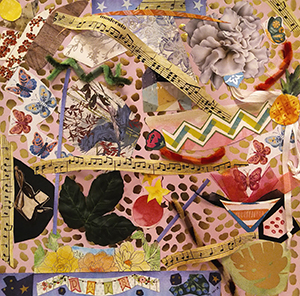 Collage artwork incorporating printed artwork, sheet music and other elements