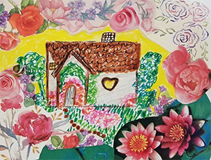 Colorful drawing of a cottage with collage flowers
