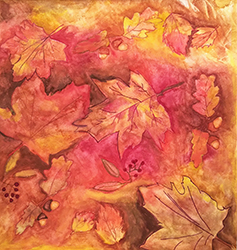 Watercolor painting of fall leaves in a palette of reds, oranges and golds