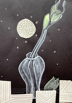 Artwork depicting a flower in a vase and the night sky