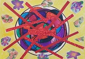 Abstract painting and collage titled "Kaleidoscope of Spring"