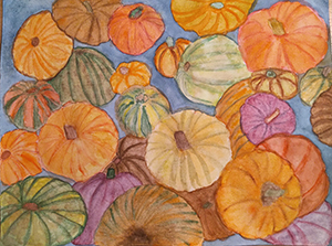 Artwork of a wide range of colorful pumpkins