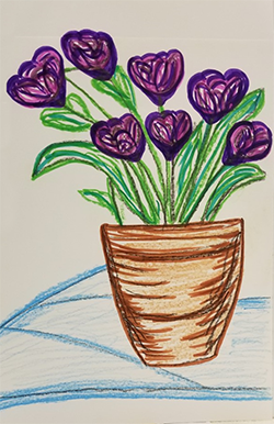 Drawing of purple tulips in a clay pot