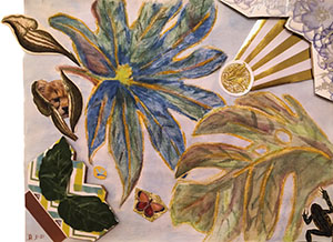 Painting and collage artwork of leaves and natural objects