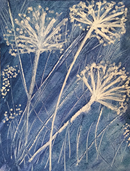 Monochromatic painting of flowers and grasses using a blues
