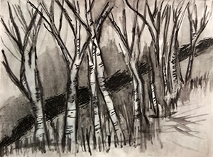 Black and white watercolor painting of trees