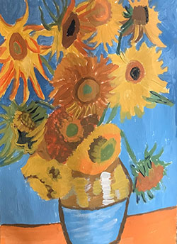 Painting of a vase of sunflowers