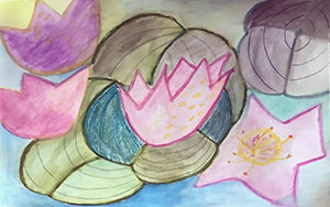 Painting of pink water lilies and green lily pads