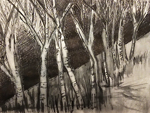 Black and white watercolor painting of trees