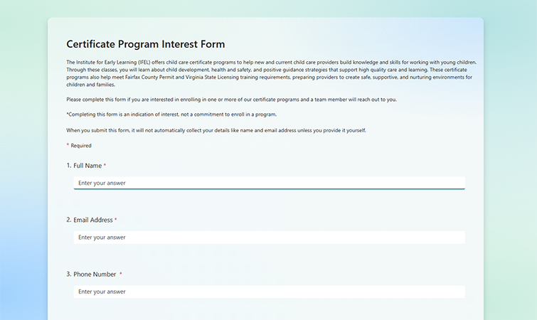 A screenshot of a form with the title Certificate Program Interest Form.