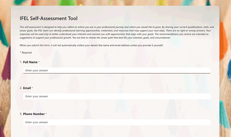 A screenshot of a form with the title IFEL Self-Assessment Tool.