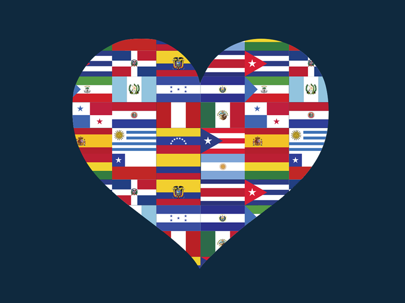A heart filled with flags from Central and South American countries.