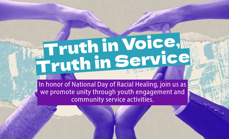 Four sets of hands coming together with the words Truth in Voice, Truth in Service overlaid.