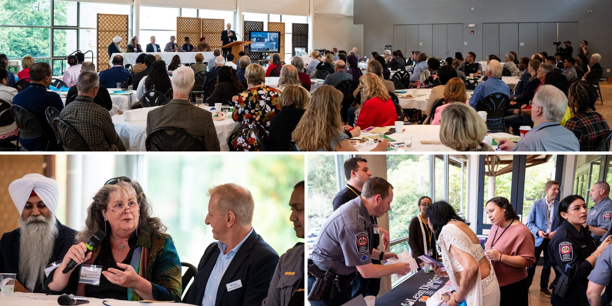 Indoor community event showing attendees seated at tables, a panel speaking at the front, and close-up views of discussions and people engaging with public safety staff at an information table.