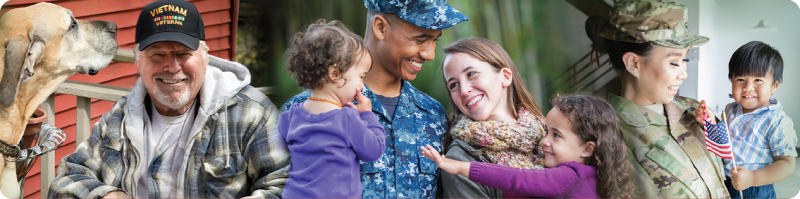 Men, women, children and flags representing military families. 