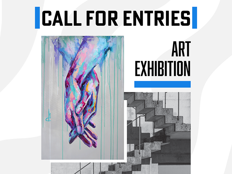 The words Call for Entries Art Exhibition alongside a generalized painting and drawing.
