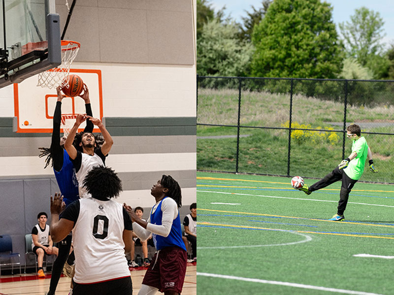 Youth playing basketball in a gym and kicking a soccer ball on a green field.
