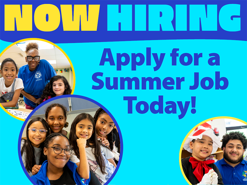 The words Now Hiring, Apply for a Summer Job Today, alongside pictures of NCS staff and youth, and the logo of Fairfax County Neighborhood and Community Services.