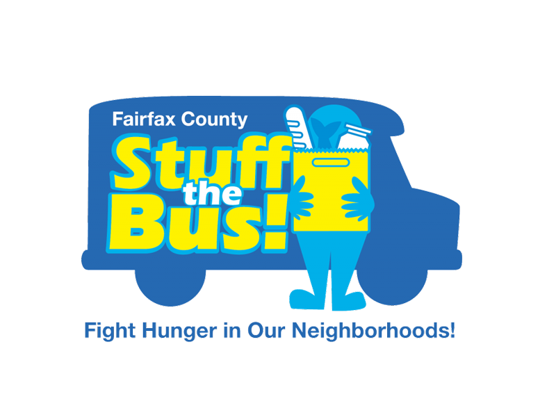 The words Fairfax County Stuff the Bus! Fight Hunger in Our Neighborhoods! alongside a drawing of a bus and individual with a sack full of groceries.