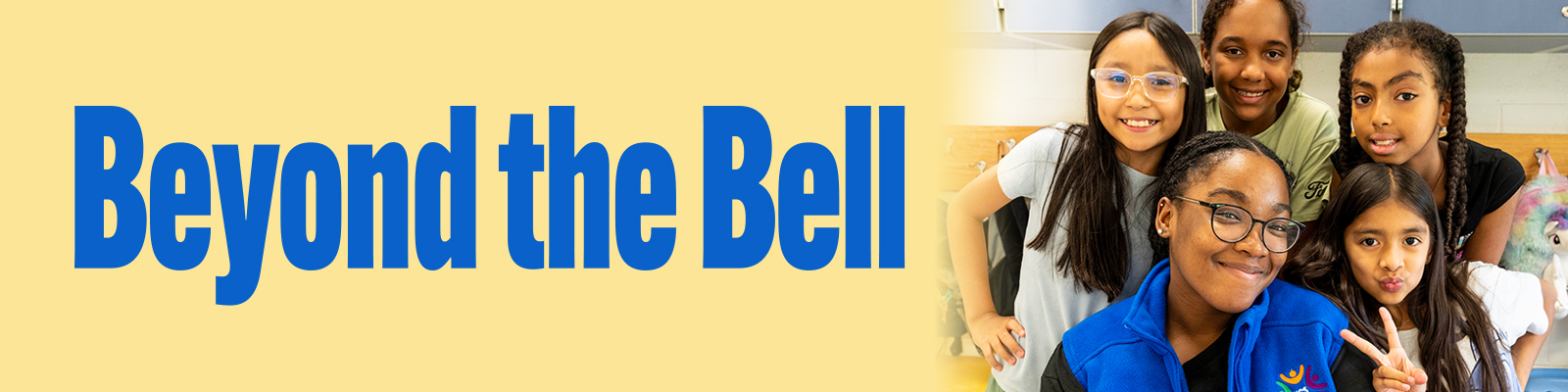 The words Beyond the Bell alongside several children with an NCS staff member.
