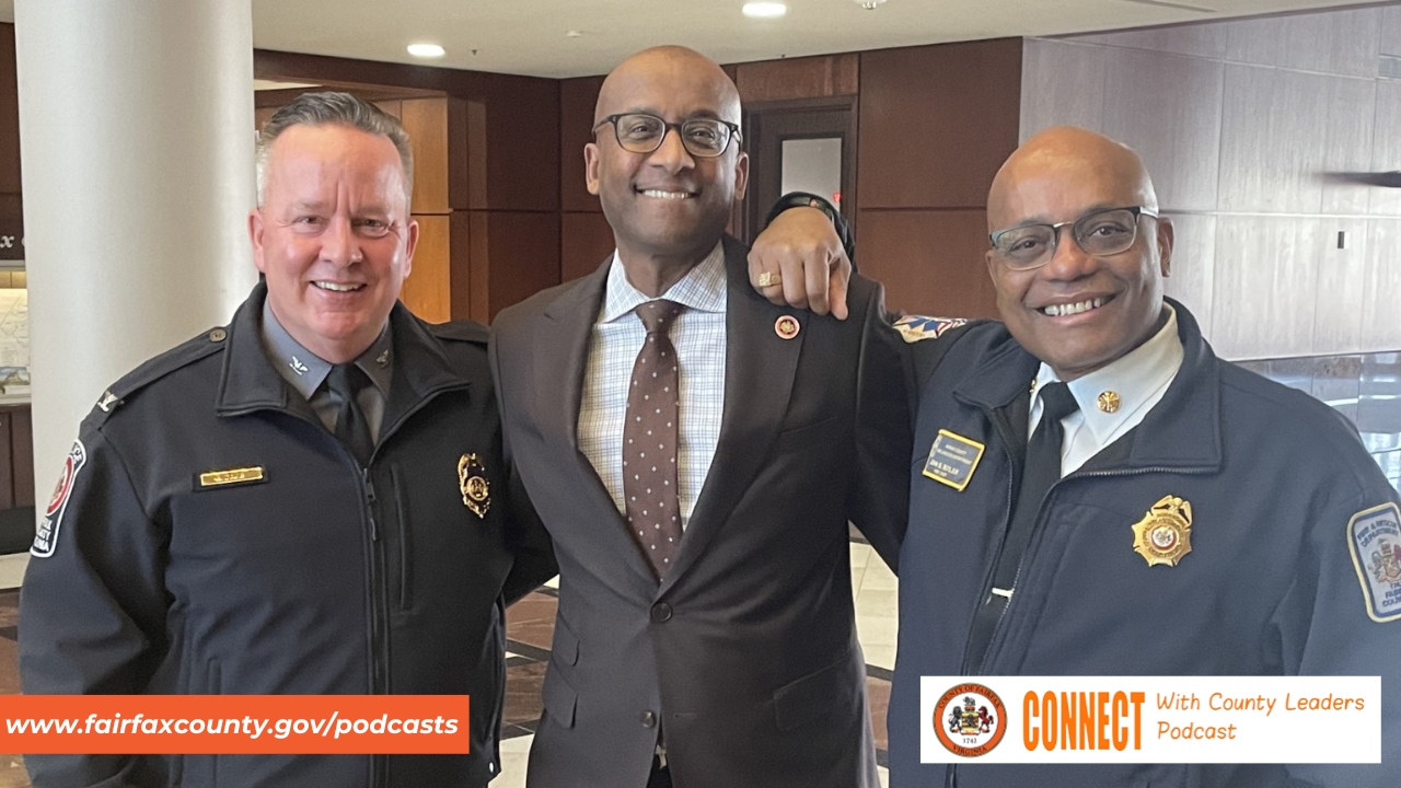 Image of  county executive Bryan Hill with Chief Kevin Davis, Fairfax County Police Department, and Chief John Butler, Fairfax County Fire and Rescue Department.