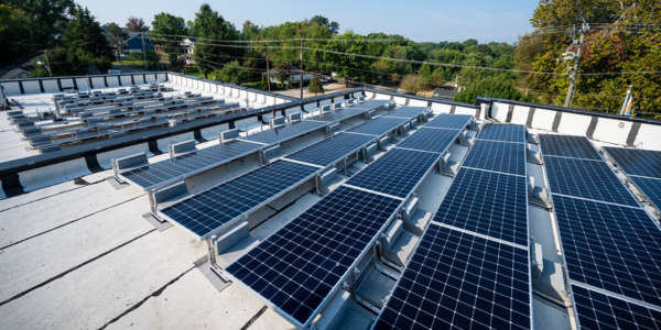 Rows of solar panels on the roof of Woodlawn Fire Station 24