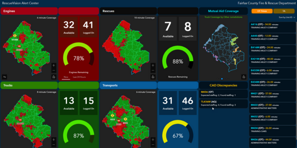 RescueVision dashboard that shows location of engines, rescues, trucks and transports.