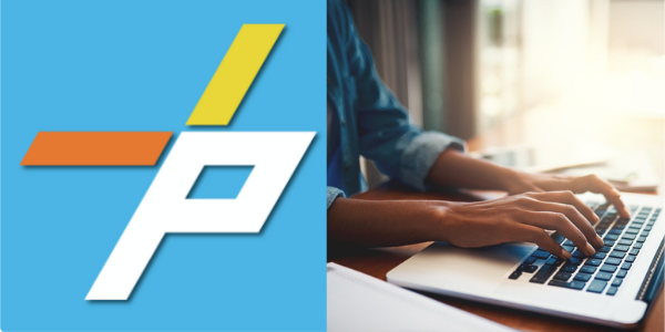 PLUS logo and hands typing on laptop PLUS logo and hands typing on laptop
