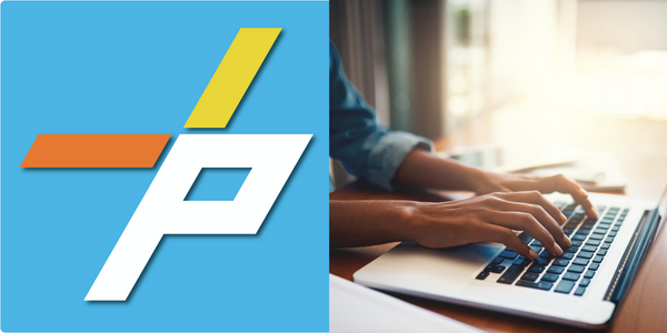 PLUS logo PLUS logo and hands typing on laptop