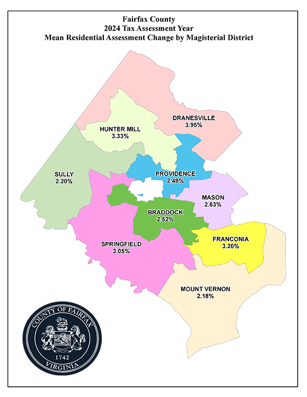Map showing 2024 residential real estate assessments by district.