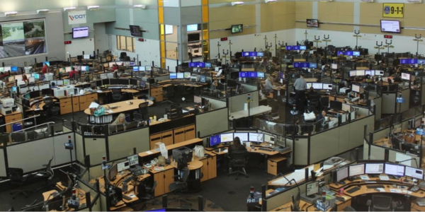 wide-angled view of the 911 call center floor