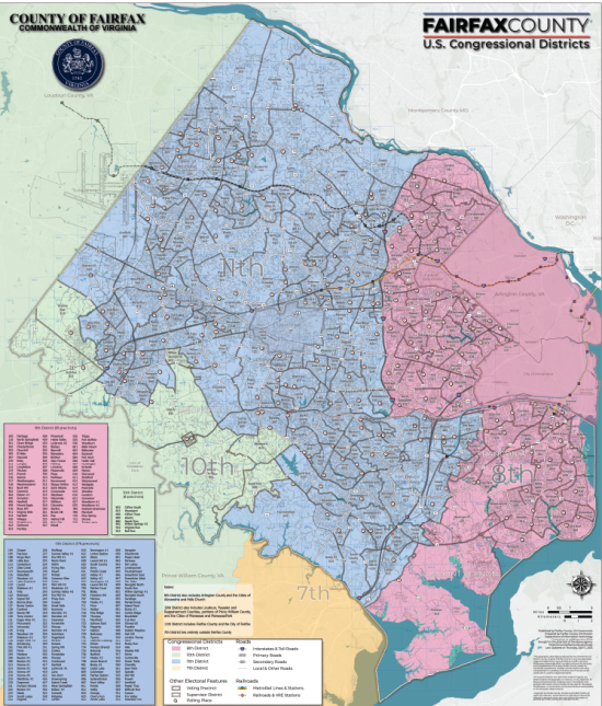A detailed map of Fairfax County, Virginia, showing U.S. Congressional Districts shaded in different colors: the 11th District in blue, the 10th District in green, the 8th District in pink, and a portion of the 7th District in yellow. Key locations, roads, and voting precincts are labeled.