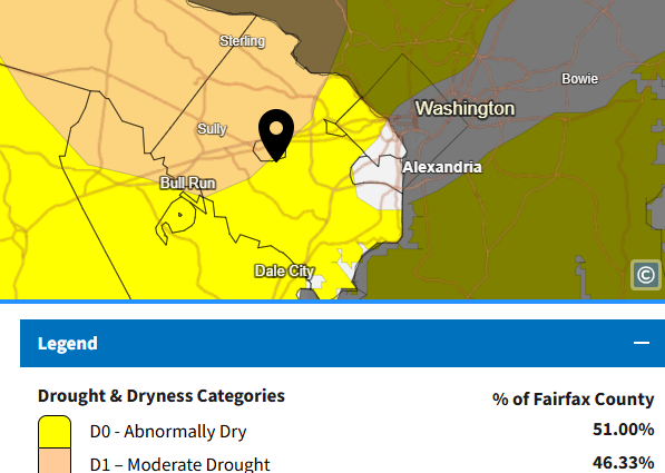 A map of Fairfax County shows areas categorized by drought and dryness levels. The legend indicates:   - **D0 (Abnormally Dry):** 51.00% of the county.   - **D1 (Moderate Drought):** 46.33% of the county.   Specific areas like Bull Run, Sully, and Alexandria are highlighted.