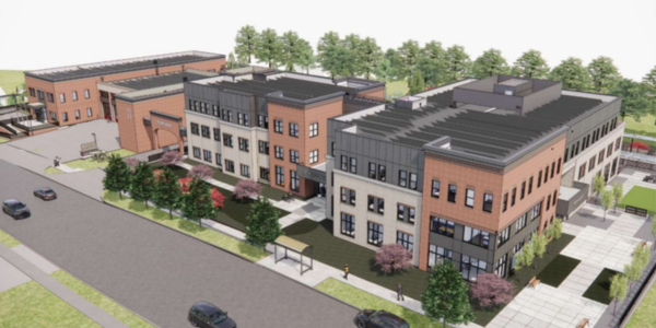 Architectural rendering of a modern multi‑building complex with three‑ and four‑story brick and glass structures, tree‑lined sidewalks, landscaped green areas, and adjacent streets with parked cars. The buildings feature flat roofs, large windows, and outdoor gathering spaces, surrounded by trees and walkways.