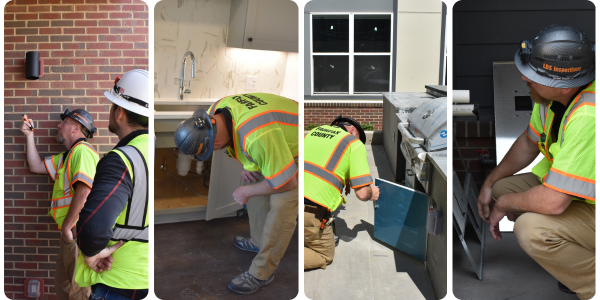 Four-panel collage of a building inspector in a hard hat and bright safety vest examining different parts of a construction project: checking an exterior brick wall fixture with another worker, inspecting plumbing under a kitchen sink, kneeling to look inside an outdoor appliance or cabinet, and crouching beside metal equipment on a patio or exterior area.