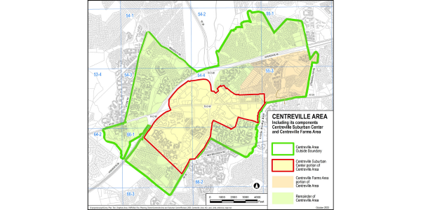 A map titled “Centreville Area” shows the boundaries of the Centreville Suburban Center and the Centreville Farms Area. A thick green outline marks the overall Centreville Area boundary, while a red outline marks the Centreville Suburban Center boundary within it. Light yellow shading highlights the Centreville Farms Area, light orange shading highlights the Centreville Suburban Center, and major roads including I‑66, Route 28, and Route 29 are visible in the background.