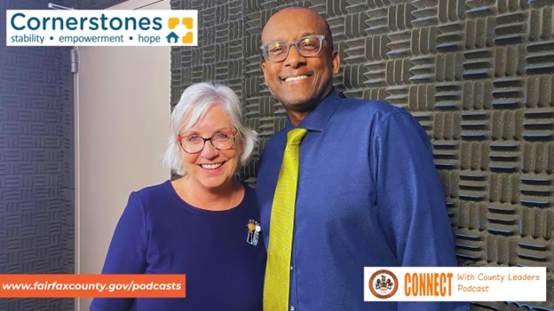 Image of host Bryan Hill, county executive of Fairfax County, with Kerrie Wilson, CEO of the nonprofit Cornerstones and its affiliate, Cornerstones Housing Corporation.