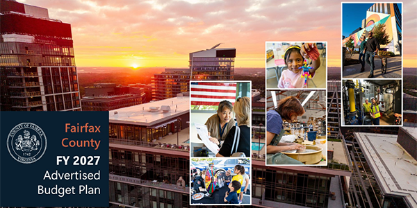 Graphic for Fairfax County FY 2027 Advertised Budget Plan featuring a city skyline at sunset and smaller photos of community activities, workers, and families.