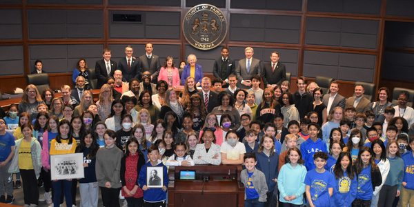 Group photo of students, teachers and youth groups being honored