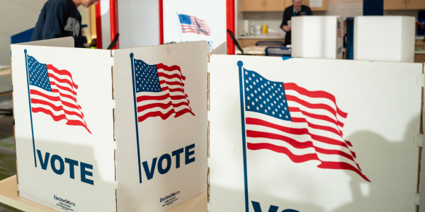 “Voting booths with American flags and the word ‘VOTE’ printed on privacy dividers inside a polling place.”