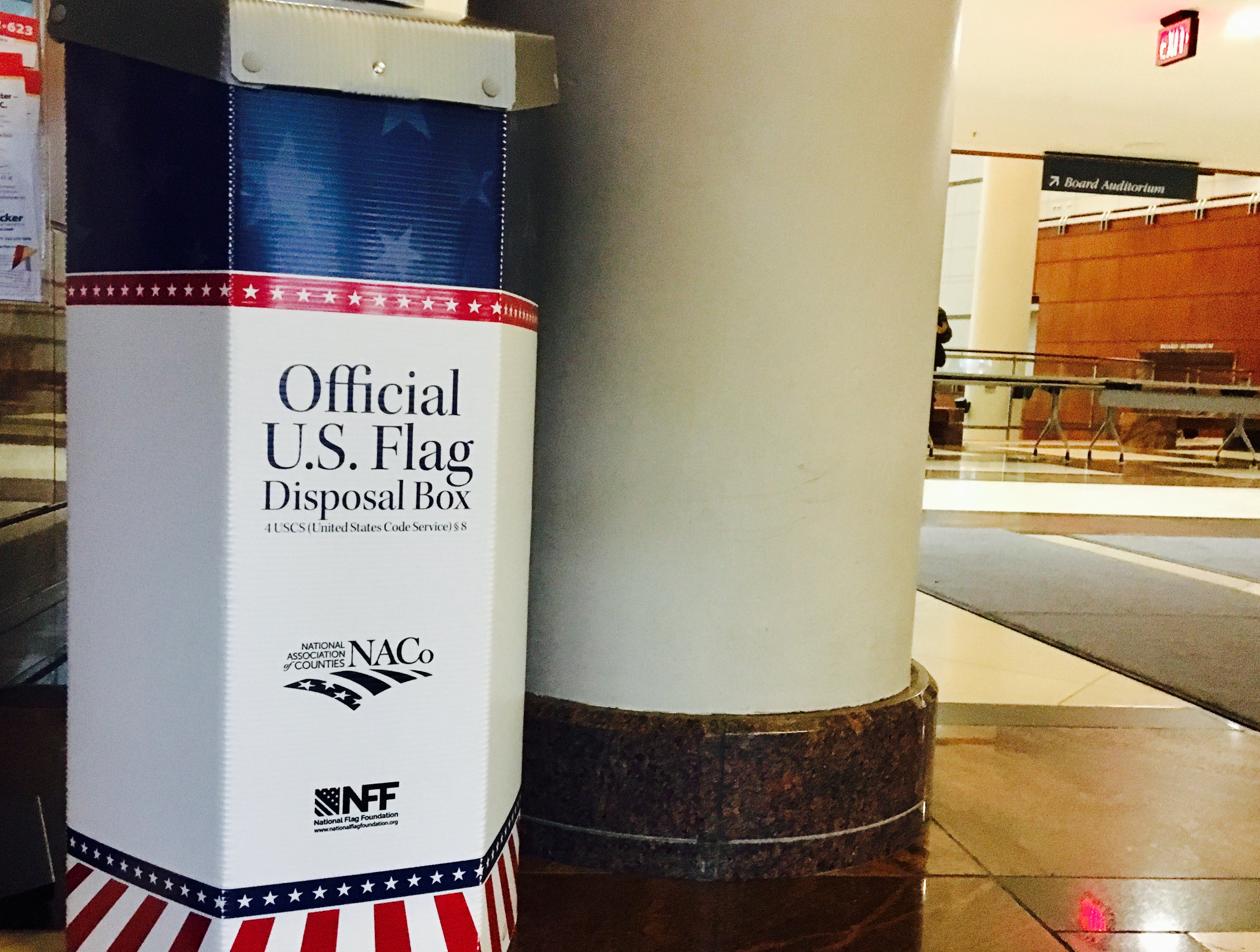 flag disposal collection box in Government Center lobby