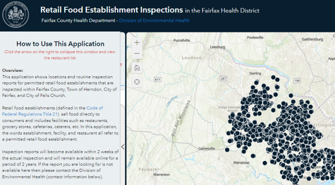 example map showing food establishment locations in Fairfax County